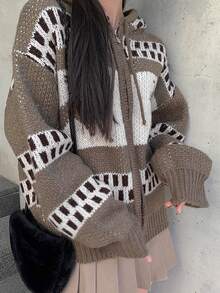 DAZY Women's Hooded Cardigan With Geometric And Deer Pattern, Suitable For Dating, Vacation, Party, Daily Outings, Gatherings, Outdoor Activities - Brown - View 3
