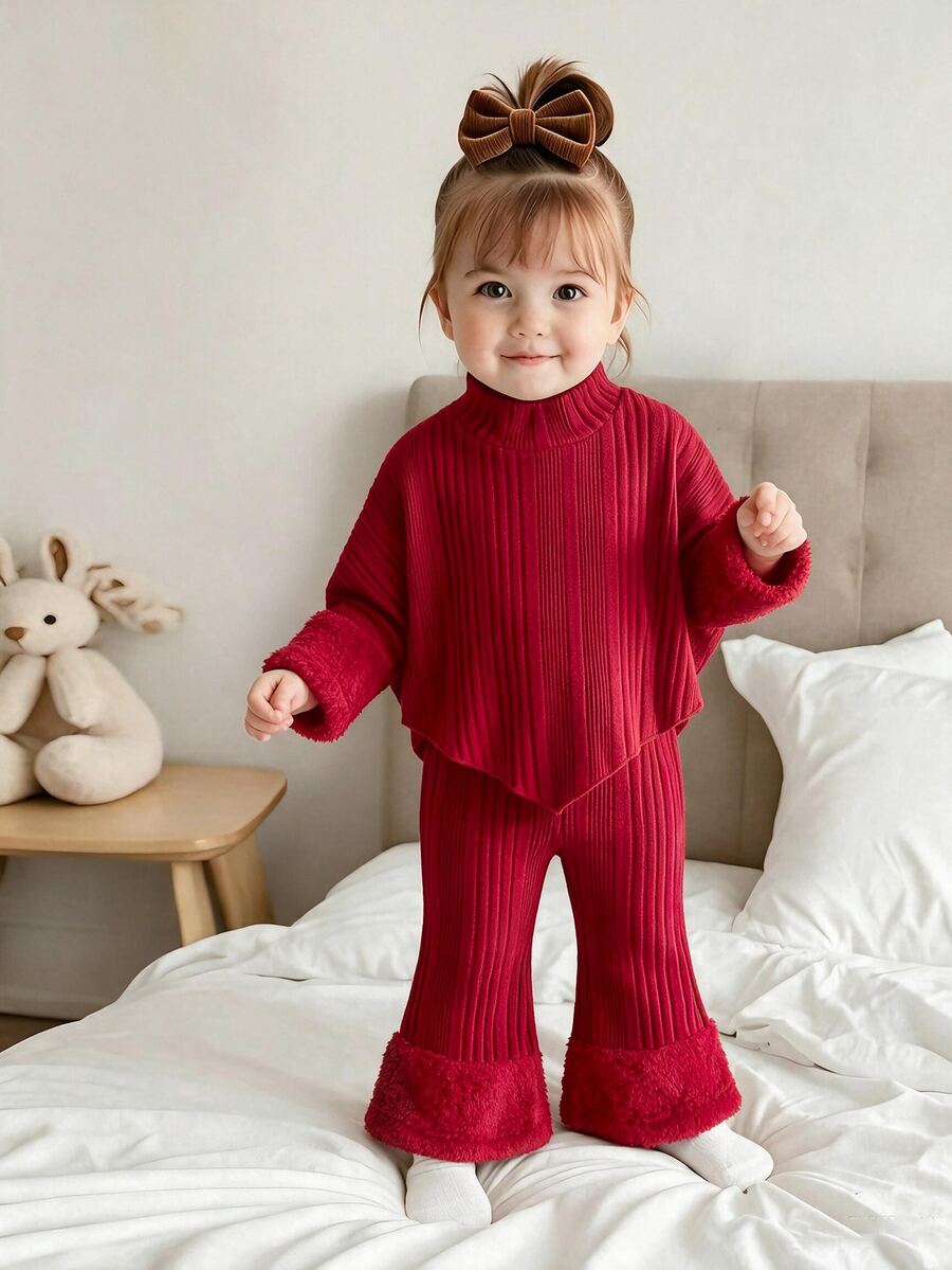 SHEIN 2件組幼女上衣+喇叭褲,甜美優雅紅色毛絨抓絨袖口,羅紋長袖半高領,加厚冬季節日秋季純色 - 紅色 - 查看 1