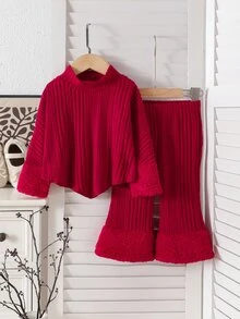 SHEIN 2件組幼女上衣+喇叭褲，甜美優雅紅色毛絨抓絨袖口，羅紋長袖半高領，加厚冬季節日秋季純色 - 紅色 - 查看 4