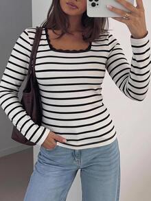 Easowa Curve Plus Size Boat Neck Waist Shirred Striped Print Casual Comfortable Slim Fit T-Shirt, Suitable For Fall - Black and White - View 3