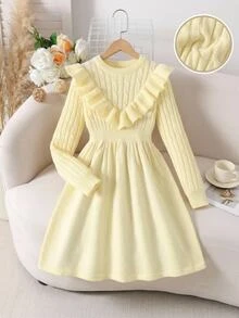 Tween Girl Casual Sweet Elegant Ruffle Twist Knit Mid-Length Dress, Autumn/Winter, Beige/Apricot - Beige - View 1