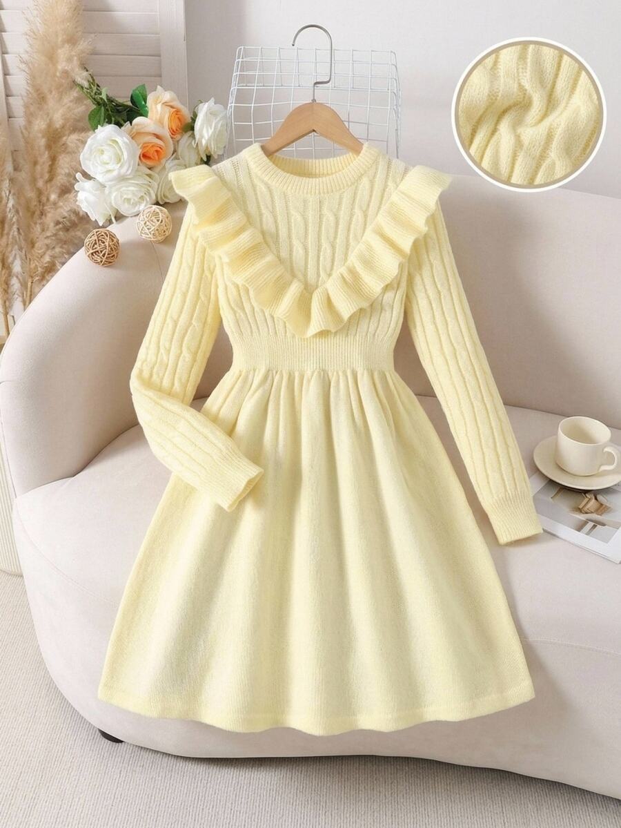 Tween Girl Casual Sweet Elegant Ruffle Twist Knit Mid-Length Dress, Autumn/Winter, Beige/Apricot - Beige - View 1