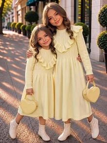 Tween Girl Casual Sweet Elegant Ruffle Twist Knit Mid-Length Dress, Autumn/Winter, Beige/Apricot - Beige - View 9