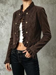 SHEIN Franclia 女款素色休閒百搭日常長袖夾克 - 棕色 - 查看 4