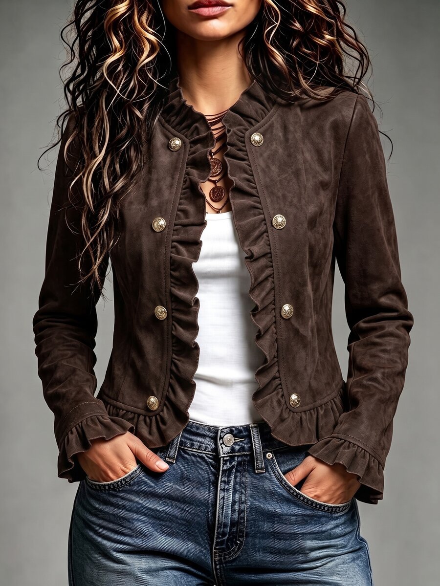 SHEIN Franclia 女款素色休閒百搭日常長袖夾克 - 棕色 - 查看 1