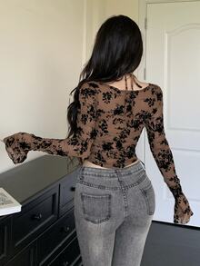 DAZY Autumn Spring Summer 2 In 1 Drawstring Tie Strap Vacation Fitted Flocked All-Over Plant Ditsy Floral Cropped Top Mesh Long Sleeve T-Shirt For Women - Brown - View 3
