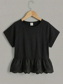 Maija Kids Maija Kids Tween Girls' Summer Casual Black T-Shirt,Raglan Short Sleeve Schiffy Ruffle Hem Tops For Back To School,Vacation,Holiday & Daily Girly Style,New - Black - View 2