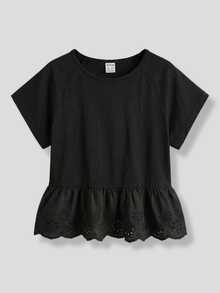 Maija Kids Maija Kids Tween Girls' Summer Casual Black T-Shirt,Raglan Short Sleeve Schiffy Ruffle Hem Tops For Back To School,Vacation,Holiday & Daily Girly Style,New - Black - View 1