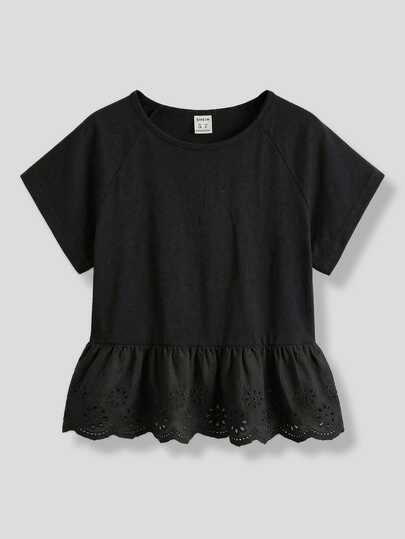 Maija Kids Maija Kids Kaos Hitam Kasual Musim Panas untuk Anak Perempuan Remaja, Atasan Raglan Lengan Pendek dengan Detail Ruffle di Bagian Bawah, Cocok untuk Kembali ke Sekolah, Liburan, dan Gaya Sehari-hari yang Feminin, Baru