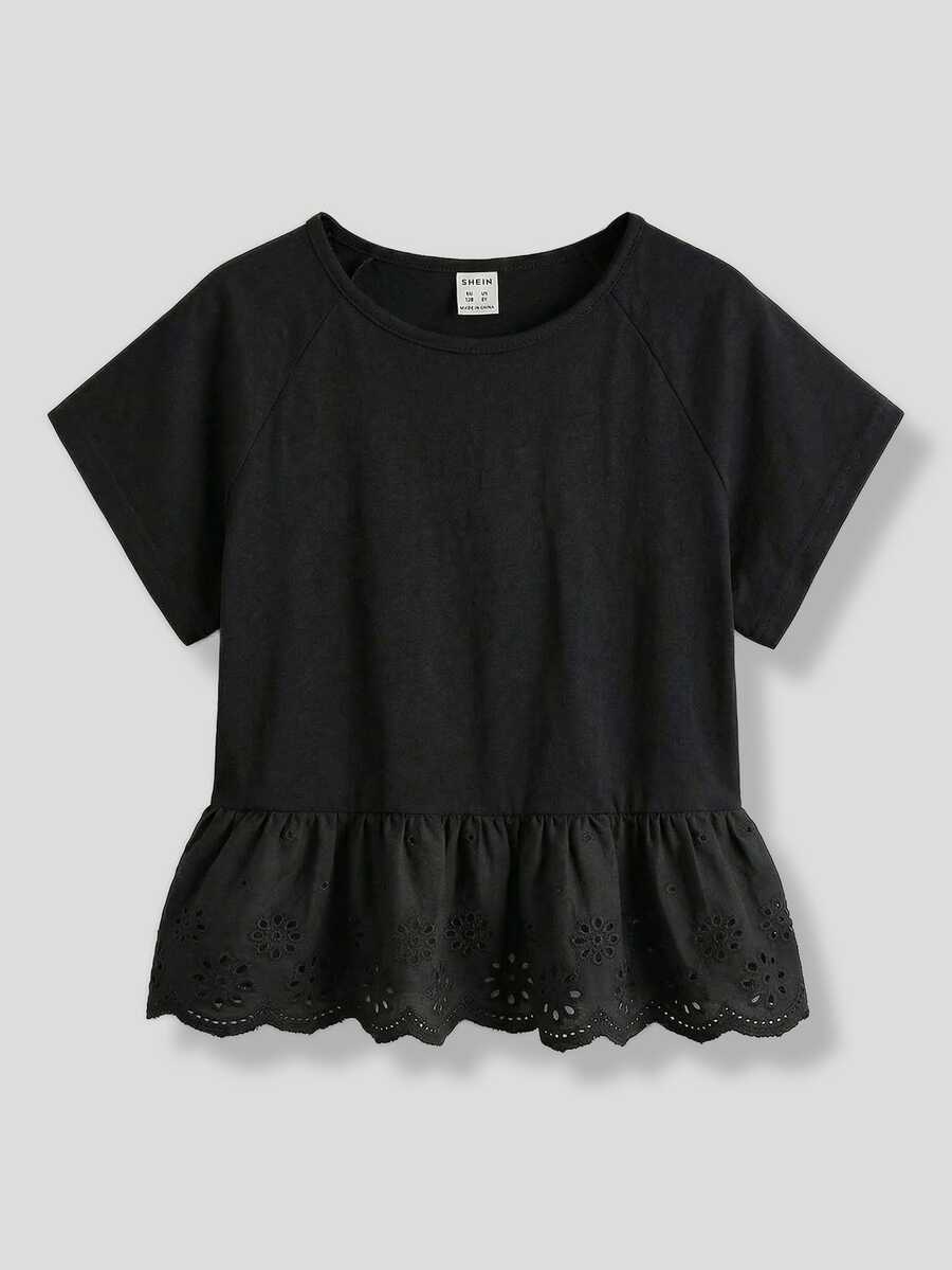 Maija Kids Maija Kids Tween Girls' Summer Casual Black T-Shirt,Raglan Short Sleeve Schiffy Ruffle Hem Tops For Back To School,Vacation,Holiday & Daily Girly Style,New - Black - View 1