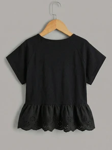 Maija Kids Maija Kids Tween Girls' Summer Casual Black T-Shirt,Raglan Short Sleeve Schiffy Ruffle Hem Tops For Back To School,Vacation,Holiday & Daily Girly Style,New - Black - View 4