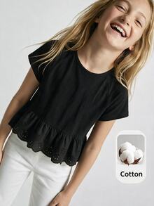 Maija Kids Maija Kids Tween Girls' Summer Casual Black T-Shirt,Raglan Short Sleeve Schiffy Ruffle Hem Tops For Back To School,Vacation,Holiday & Daily Girly Style,New - Black - View 3