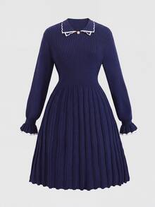 SHEIN Tween Girl Contrast Trim Kids Flounce Sleeve Sweater Autumn Dress - Navy Blue - View 6