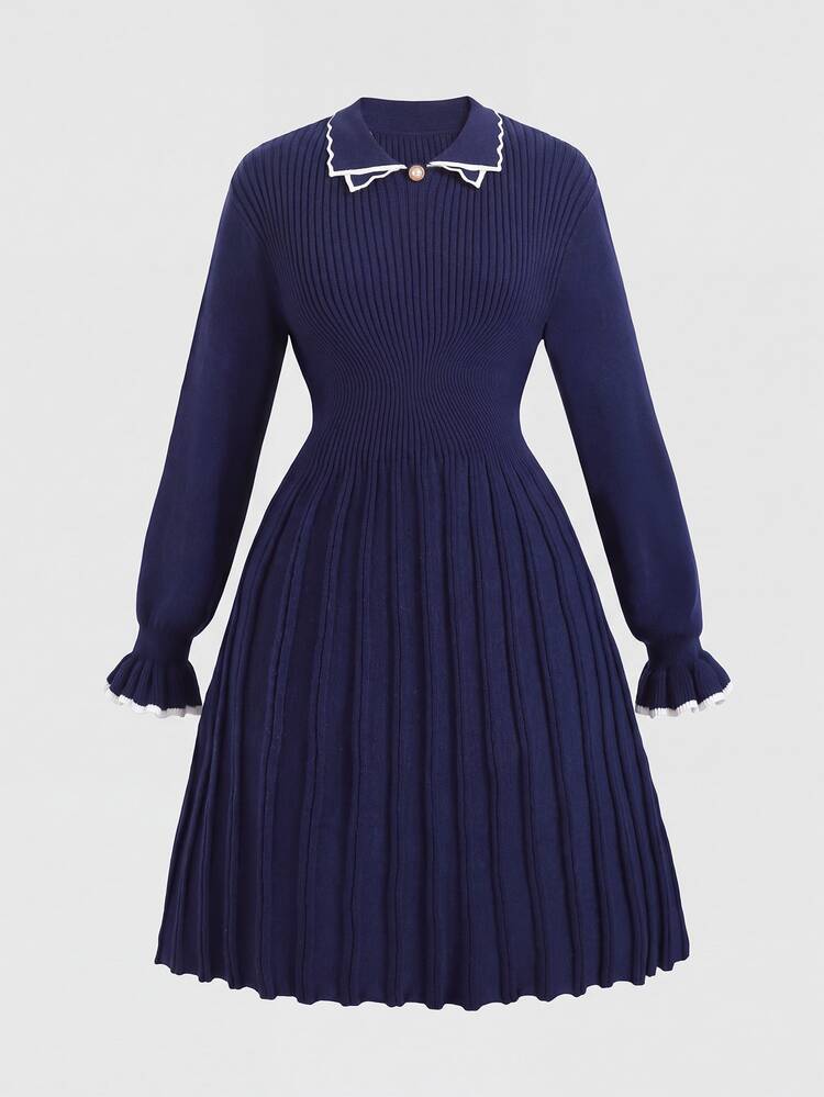 SHEIN Tween Girl Contrast Trim Kids Flounce Sleeve Sweater Autumn Dress - Navy Blue - View 6