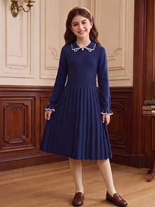 SHEIN Tween Girl Contrast Trim Kids Flounce Sleeve Sweater Autumn Dress - Navy Blue - View 2