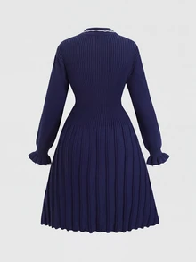 SHEIN Tween Girl Contrast Trim Kids Flounce Sleeve Sweater Autumn Dress - Navy Blue - View 3