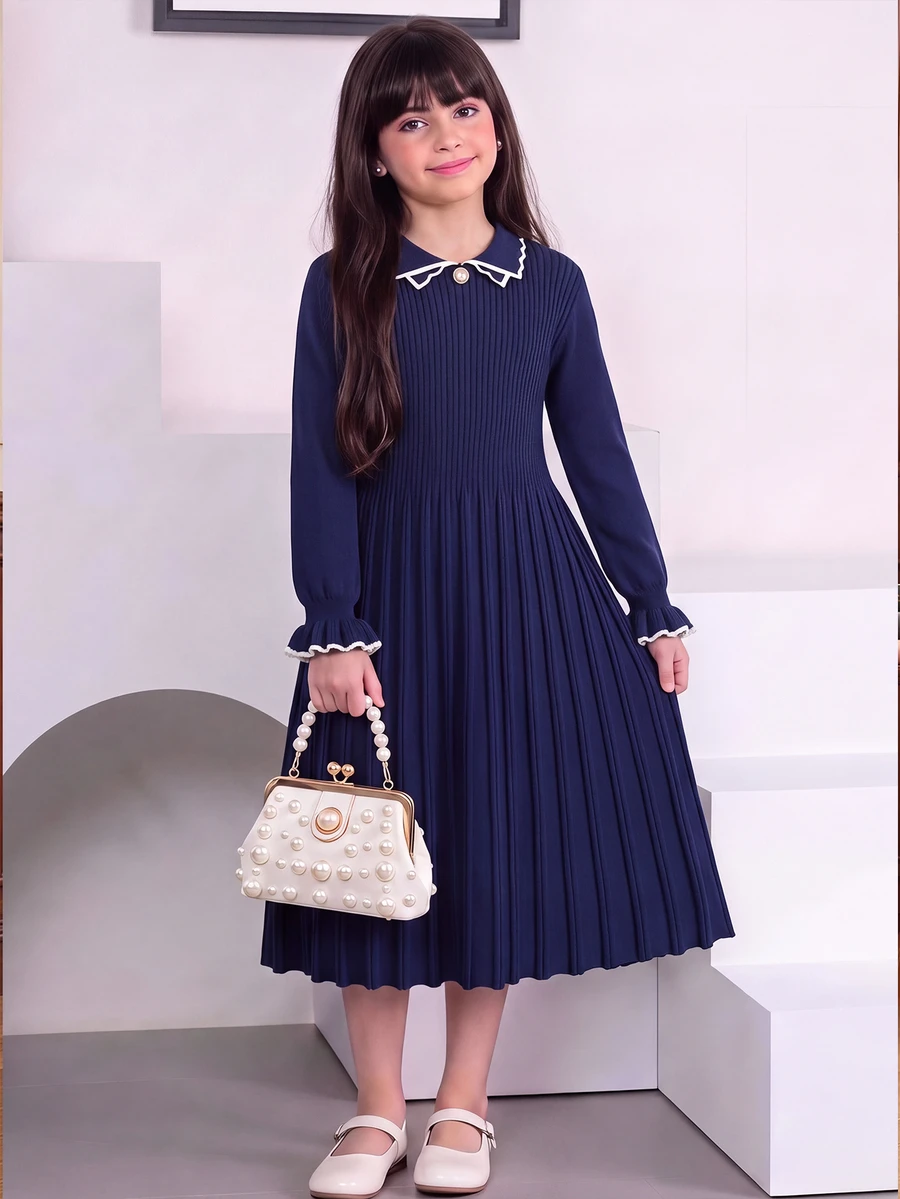 SHEIN Tween Girl Contrast Trim Kids Flounce Sleeve Sweater Autumn Dress - Navy Blue - View 1