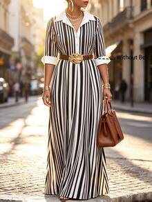 Velvienne Plus Size Women's Black & White Striped Collared Waist-Cinching Shirt Dress, Mid-Length Commuter Style - Black and White - View 1