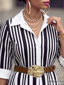 Velvienne Plus Size Women's Black & White Striped Collared Waist-Cinching Shirt Dress, Mid-Length Commuter Style - Black and White - View 4