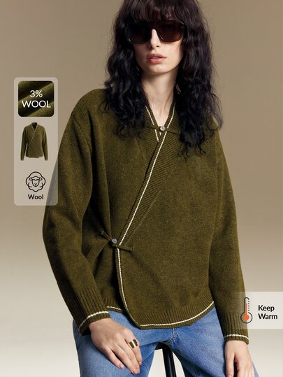 Ontre 2026AW Autumn/Winter New Women's Green Frog Button Front Closure Minimalist Elegant Old Money Style Women's Saint John's Day Minimalist Romantic French Luxury Texture Urban Fashion Business Casual Women's Clothing Office Wear Low-Key Old Money Style High-End Urban Commute Women's Clothing