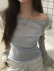 DAZY 女款不對稱肩拼接色塊長袖韓風清新甜美可愛上衣毛衣 - 藍色 - 查看 2
