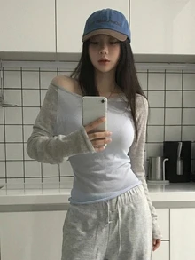 DAZY 女款不對稱肩拼接色塊長袖韓風清新甜美可愛上衣毛衣 - 藍色 - 查看 1