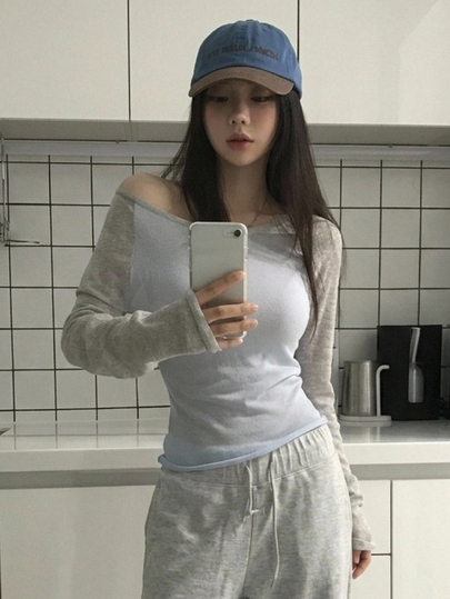 DAZY 女款不對稱肩拼接色塊長袖韓風清新甜美可愛上衣毛衣