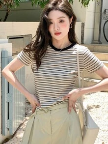 DAZY Women's Summer Striped Printed Casual Short Sleeve T-Shirt Cute Tops - Multicolor - View 3