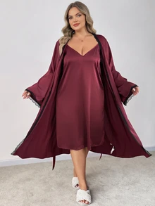 SHEIN CURVE+ Setelan 2 Potong Wanita Ukuran Plus 22W, Jaket Lengan Panjang + Gaun - Burgundy - View 7