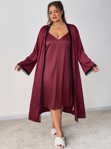 SHEIN CURVE+ Setelan 2 Potong Wanita Ukuran Plus 22W, Jaket Lengan Panjang + Gaun - Burgundy - View 5