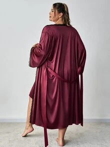 SHEIN CURVE+ Setelan 2 Potong Wanita Ukuran Plus 22W, Jaket Lengan Panjang + Gaun - Burgundy - View 2
