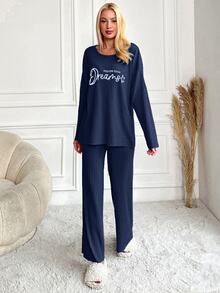 SHEIN Tall Size Women Cotton 2pcs Blue Rib Knitted Dcontrast Colour Slogan Lettered Round Neck Long Sleev - Blue - View 4