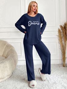 SHEIN Tall Size Women Cotton 2pcs Blue Rib Knitted Dcontrast Colour Slogan Lettered Round Neck Long Sleev - Blue - View 7