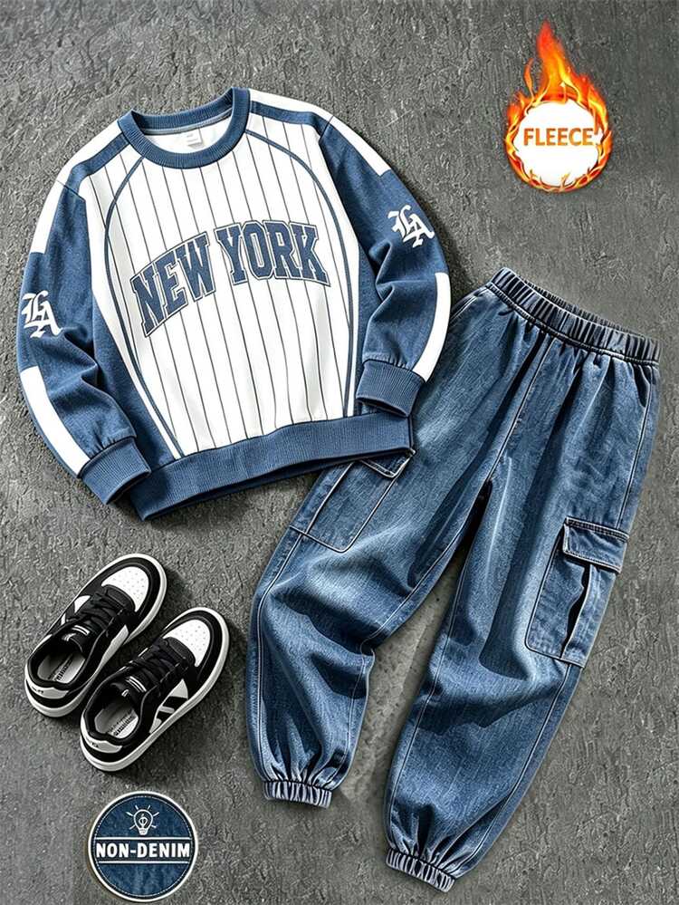 Boys 2pcs Set Sports Casual Street Outdoor Crew Neck Long Sleeve Letter Print Fleece Sweatshirt And Denim Effect Cargo Pants With Accordion Pocket, Autumn/Winter - Multicolor - View 3