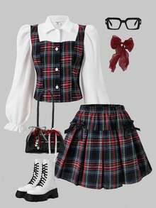 SHEIN Tween Girls Fall Outfits 2pcs/Set Plaid Collared Puff Sleeve Cardigan Top With Elastic Waist Pleated Mini Skirt - Purple - View 2