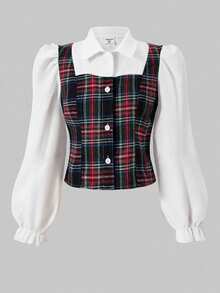 SHEIN Tween Girls Fall Outfits 2pcs/Set Plaid Collared Puff Sleeve Cardigan Top With Elastic Waist Pleated Mini Skirt - Purple - View 5