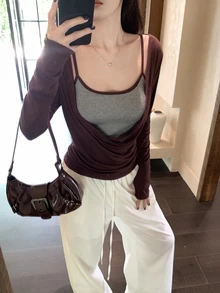 DAZY 女款拼色細肩帶背心式長袖上衣 休閒優雅長袖T恤 秋季通勤夜場合 深灰色 - 咖啡棕 - 查看 5