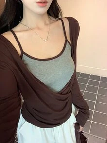 DAZY 女款拼色細肩帶背心式長袖上衣 休閒優雅長袖T恤 秋季通勤夜場合 深灰色 - 咖啡棕 - 查看 4