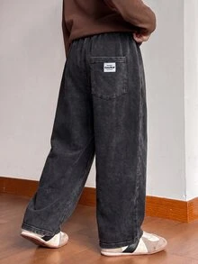 SHEIN Little Byeori 男童休閒運動學院風寬鬆直筒長褲，基礎下身褲，Y2K風格，適合春、夏、秋季，戶外穿著、情人節、旅行、度假、家庭聚會、開學季、婚禮季、晚宴、運動、生日派對 - 彩色 - 查看 2
