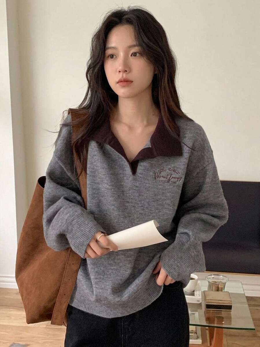 DAZY Women's Contrast Color Korean Style Casual Sweater, Autumn/Winter Cute Tops - Grey - View 1