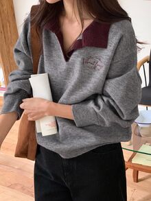 DAZY Women's Contrast Color Korean Style Casual Sweater, Autumn/Winter Cute Tops - Grey - View 7