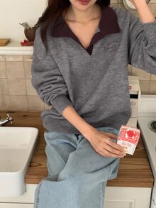 DAZY Women's Contrast Color Korean Style Casual Sweater, Autumn/Winter Cute Tops - Grey - View 6