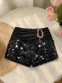 SHEIN MOD 女款性感街頭風金屬裝飾亮片短褲 - 黑色 - 查看 3