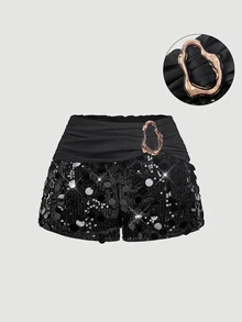 SHEIN MOD 女款性感街頭風金屬裝飾亮片短褲 - 黑色 - 查看 1