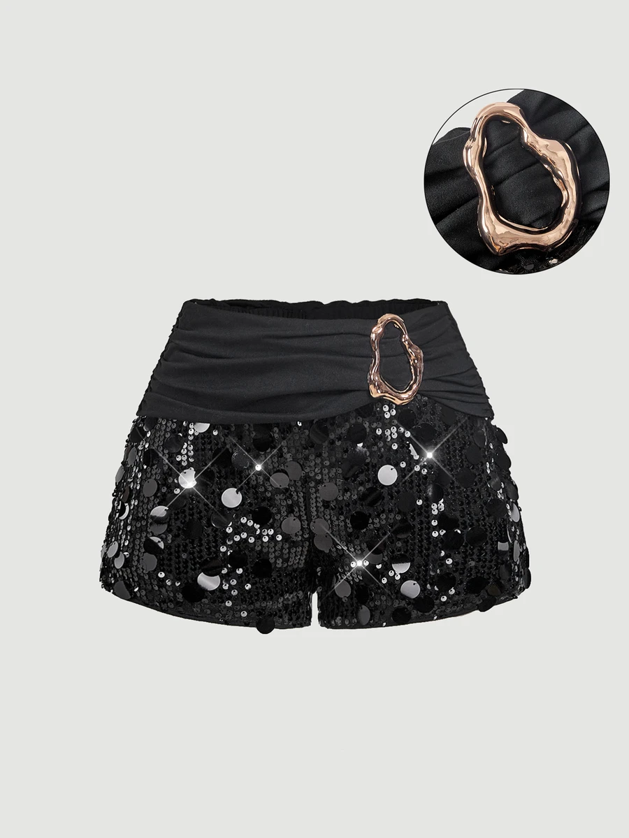 SHEIN MOD 女款性感街頭風金屬裝飾亮片短褲 - 黑色 - 查看 1
