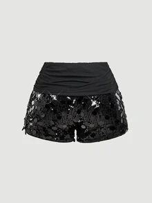 SHEIN MOD 女款性感街頭風金屬裝飾亮片短褲 - 黑色 - 查看 4
