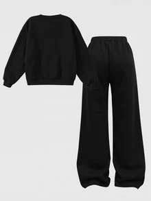 SHEIN Girlism 青少年女孩2件套套裝，寬鬆版型長袖秋季衛衣與運動長褲，保暖加絨內裡冬季套裝，海軍藍節日返校Y2K穿搭 - 黑色 - 查看 2