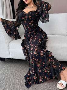 Feyla Women's Elegant Floral Print Sweetheart Neck Flare Sleeve Dress, Spring - Black - View 4