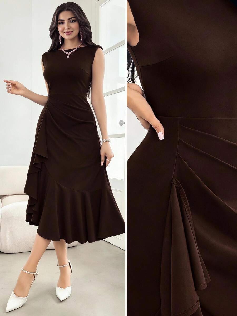 Feyla Vestido elegante sin mangas con volantes en el bajo, de unicolor para mujer, primavera/verano - Café integral - Ver 1
