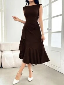 Feyla Vestido elegante sin mangas con volantes en el bajo, de unicolor para mujer, primavera/verano - Café integral - Ver 5